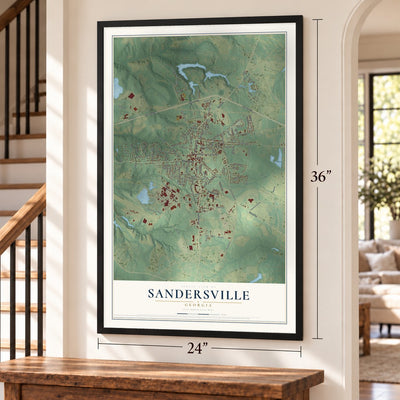 Sandersville, Georgia map, 24 x 36 inch print in a black frame by a staircase