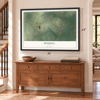 Winona, Texas map, 24 x 36 inch print in a black frame above a dresser by a staircase