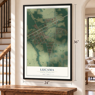 Lucama, North Carolina map, 24 x 36 inch print in a black frame by a staircase