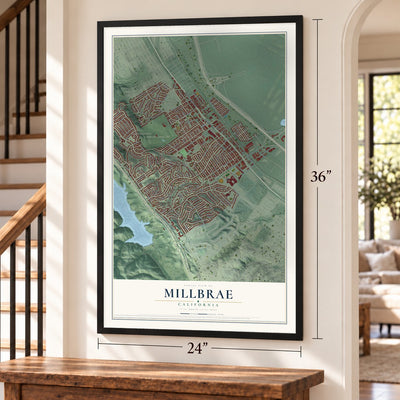 Millbrae, California map, 24 x 36 inch print in a black frame by a staircase
