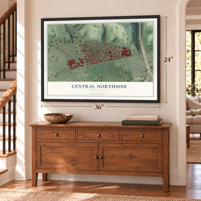 Central Northside, Pennsylvania map, 24 x 36 inch print in a black frame above a dresser by a staircase