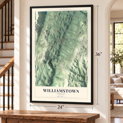 Williamstown, Vermont map, 24 x 36 inch print in a black frame by a staircase