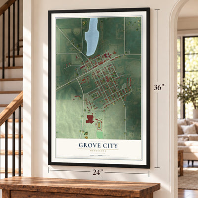 Grove City, Minnesota map, 24 x 36 inch print in a black frame by a staircase
