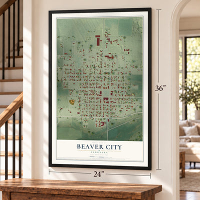 Beaver City, Nebraska map, 24 x 36 inch print in a black frame by a staircase