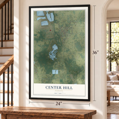 Center Hill, Florida map, 24 x 36 inch print in a black frame by a staircase