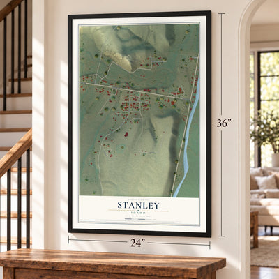 Stanley, Idaho map, 24 x 36 inch print in a black frame by a staircase