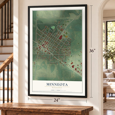 Minneota, Minnesota map, 24 x 36 inch print in a black frame by a staircase
