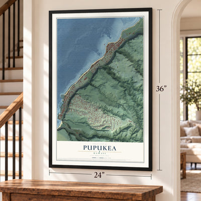 Pupukea, Hawaii map, 24 x 36 inch print in a black frame by a staircase