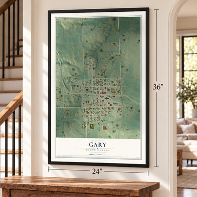 Gary, South Dakota map, 24 x 36 inch print in a black frame by a staircase