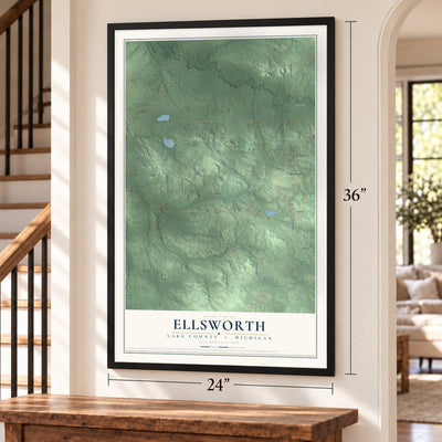 Ellsworth, Lake County, Michigan map, 24 x 36 inch print in a black frame by a staircase