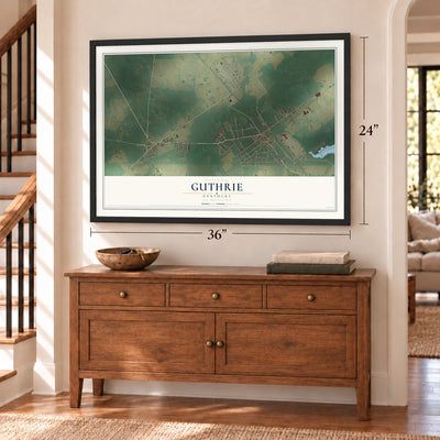 Guthrie, Kentucky map, 24 x 36 inch print in a black frame above a dresser by a staircase