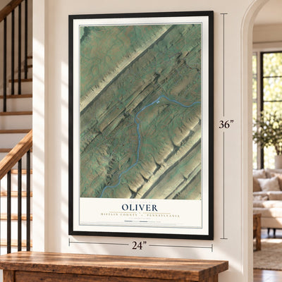 Oliver, Mifflin County, Pennsylvania map, 24 x 36 inch print in a black frame by a staircase