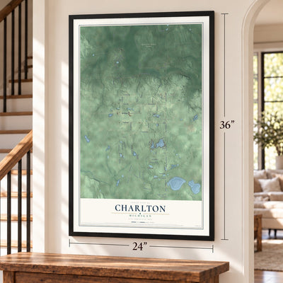 Charlton, Michigan map, 24 x 36 inch print in a black frame by a staircase