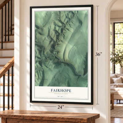 Fairhope, Pennsylvania map, 24 x 36 inch print in a black frame by a staircase