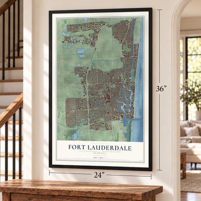 Fort Lauderdale, Florida map, 24 x 36 inch print in a black frame by a staircase
