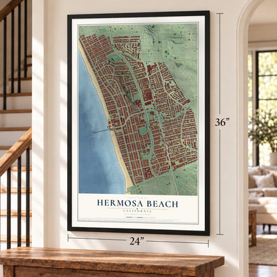 Hermosa Beach, California map, 24 x 36 inch print in a black frame by a staircase