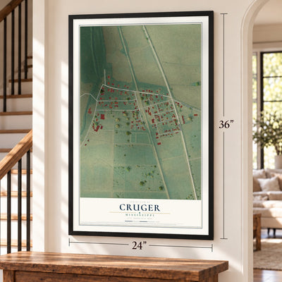 Cruger, Mississippi map, 24 x 36 inch print in a black frame by a staircase