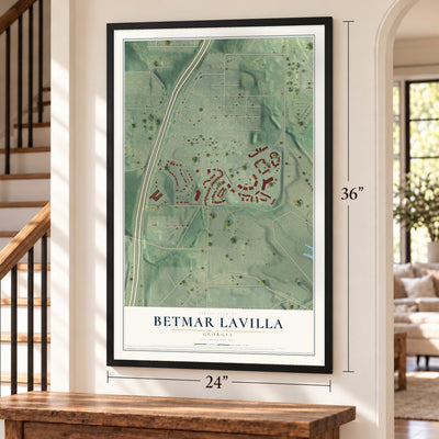 Betmar LaVilla, Georgia map, 24 x 36 inch print in a black frame by a staircase