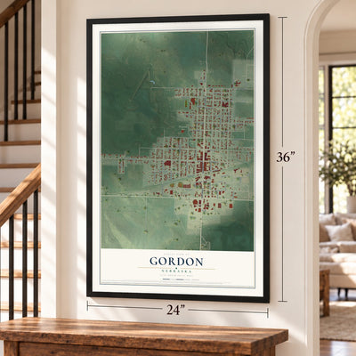Gordon, Nebraska map, 24 x 36 inch print in a black frame by a staircase