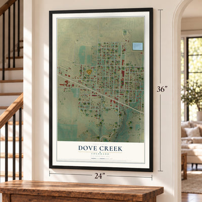 Dove Creek, Colorado map, 24 x 36 inch print in a black frame by a staircase