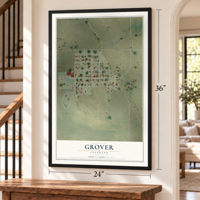 Grover, Colorado map, 24 x 36 inch print in a black frame by a staircase