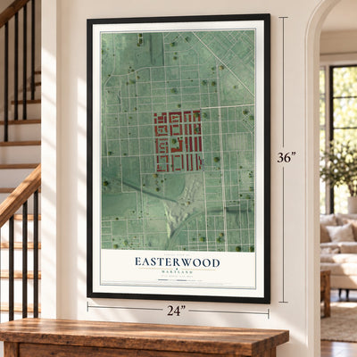 Easterwood, Maryland map, 24 x 36 inch print in a black frame by a staircase