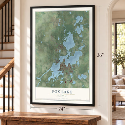 Fox Lake, Illinois map, 24 x 36 inch print in a black frame by a staircase