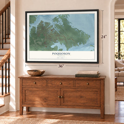 Poquoson, Virginia map, 24 x 36 inch print in a black frame above a dresser by a staircase