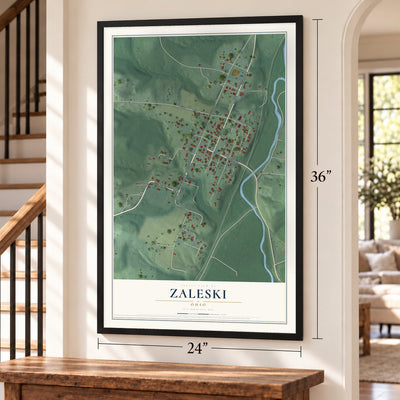 Zaleski, Ohio map, 24 x 36 inch print in a black frame by a staircase
