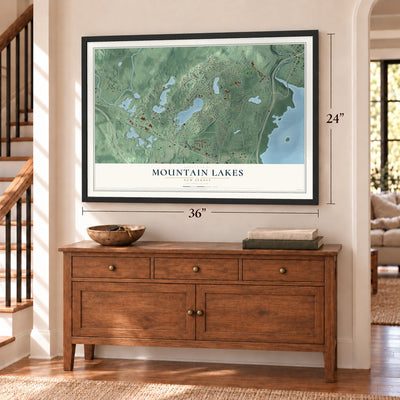 Mountain Lakes, New Jersey map, 24 x 36 inch print in a black frame above a dresser by a staircase