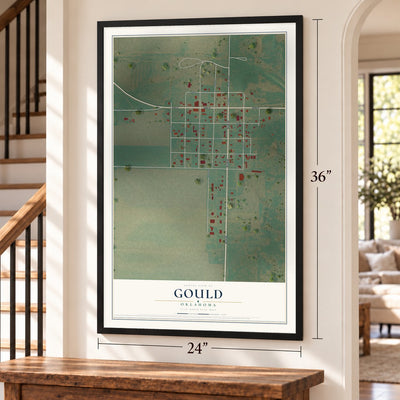 Gould, Oklahoma map, 24 x 36 inch print in a black frame by a staircase
