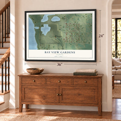 Bay View Gardens, Illinois map, 24 x 36 inch print in a black frame above a dresser by a staircase