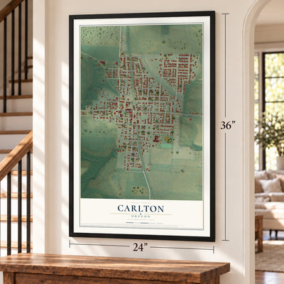 Carlton, Oregon map, 24 x 36 inch print in a black frame by a staircase