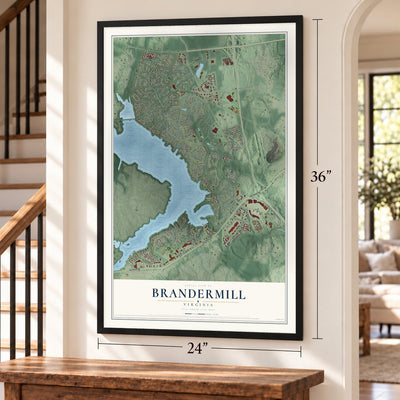 Brandermill, Virginia map, 24 x 36 inch print in a black frame by a staircase