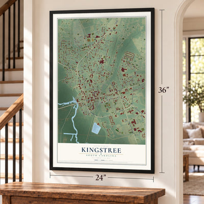 Kingstree, South Carolina map, 24 x 36 inch print in a black frame by a staircase