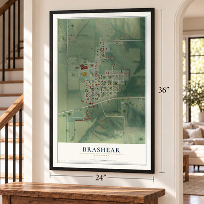 Brashear, Missouri map, 24 x 36 inch print in a black frame by a staircase