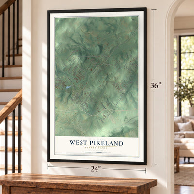 West Pikeland, Pennsylvania map, 24 x 36 inch print in a black frame by a staircase