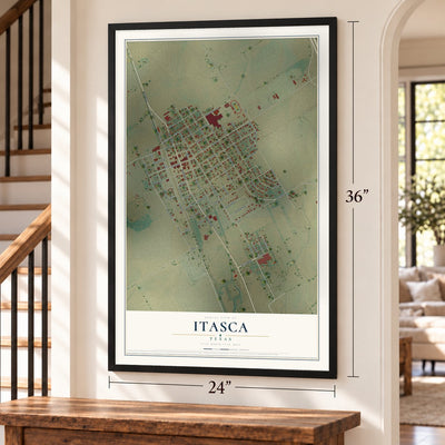Itasca, Texas map, 24 x 36 inch print in a black frame by a staircase