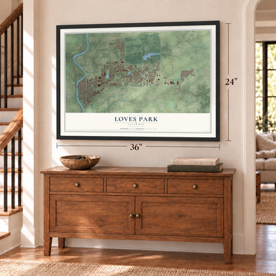 Loves Park, Illinois map, 24 x 36 inch print in a black frame above a dresser by a staircase