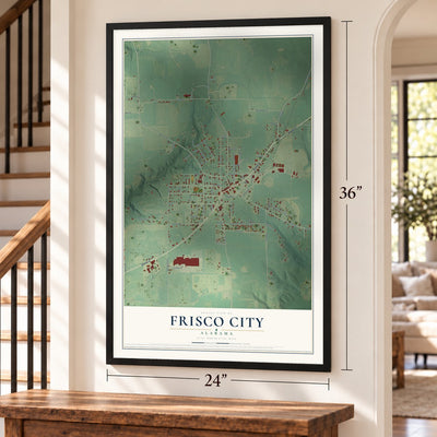 Frisco City, Alabama map, 24 x 36 inch print in a black frame by a staircase