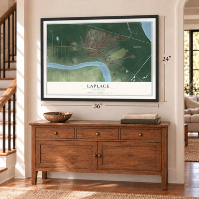 Laplace, Louisiana map, 24 x 36 inch print in a black frame above a dresser by a staircase
