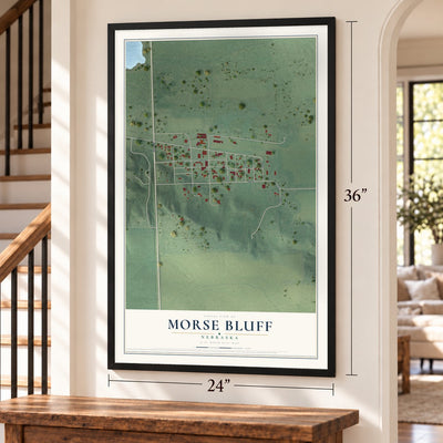 Morse Bluff, Nebraska map, 24 x 36 inch print in a black frame by a staircase