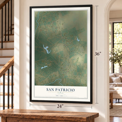 San Patricio, Texas map, 24 x 36 inch print in a black frame by a staircase