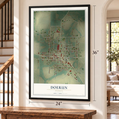 Doerun, Georgia map, 24 x 36 inch print in a black frame by a staircase