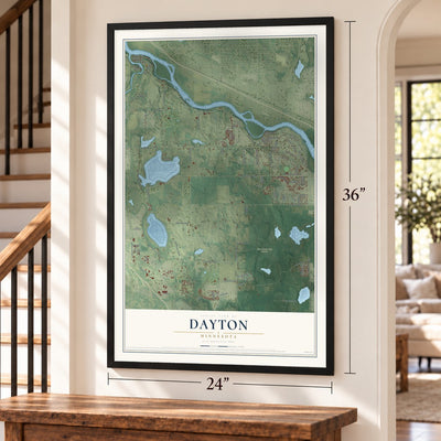 Dayton, Minnesota map, 24 x 36 inch print in a black frame by a staircase