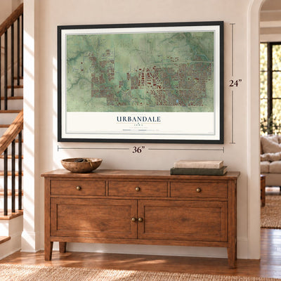 Urbandale, Iowa map, 24 x 36 inch print in a black frame above a dresser by a staircase