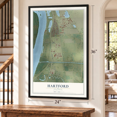 Hartford, Illinois map, 24 x 36 inch print in a black frame by a staircase