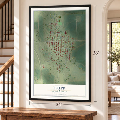 Tripp, South Dakota map, 24 x 36 inch print in a black frame by a staircase