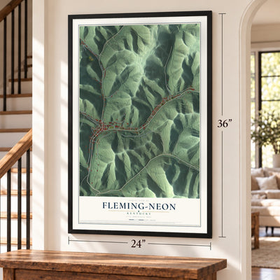 Fleming-Neon, Kentucky map, 24 x 36 inch print in a black frame by a staircase