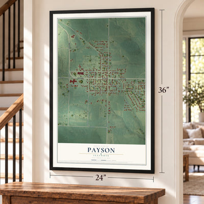 Payson, Illinois map, 24 x 36 inch print in a black frame by a staircase